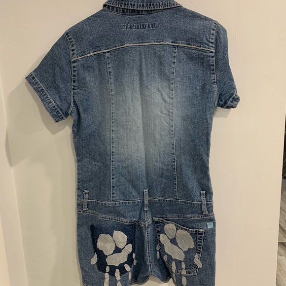 azzure Pants - Azzure Denim Jumpsuit Shorts with Frayed Patch Accent